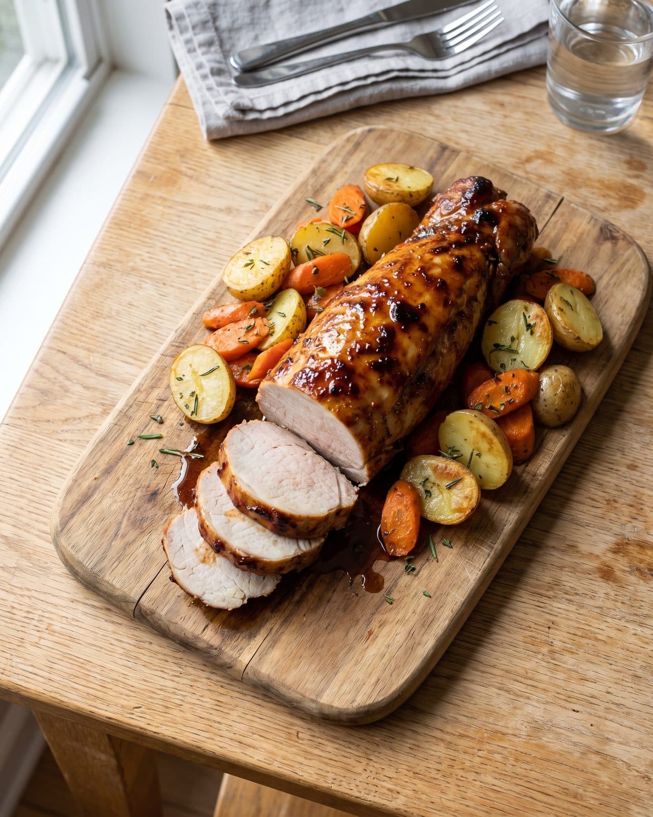 Hunangsgljáð grísalund með kartöflum og gulrótum
