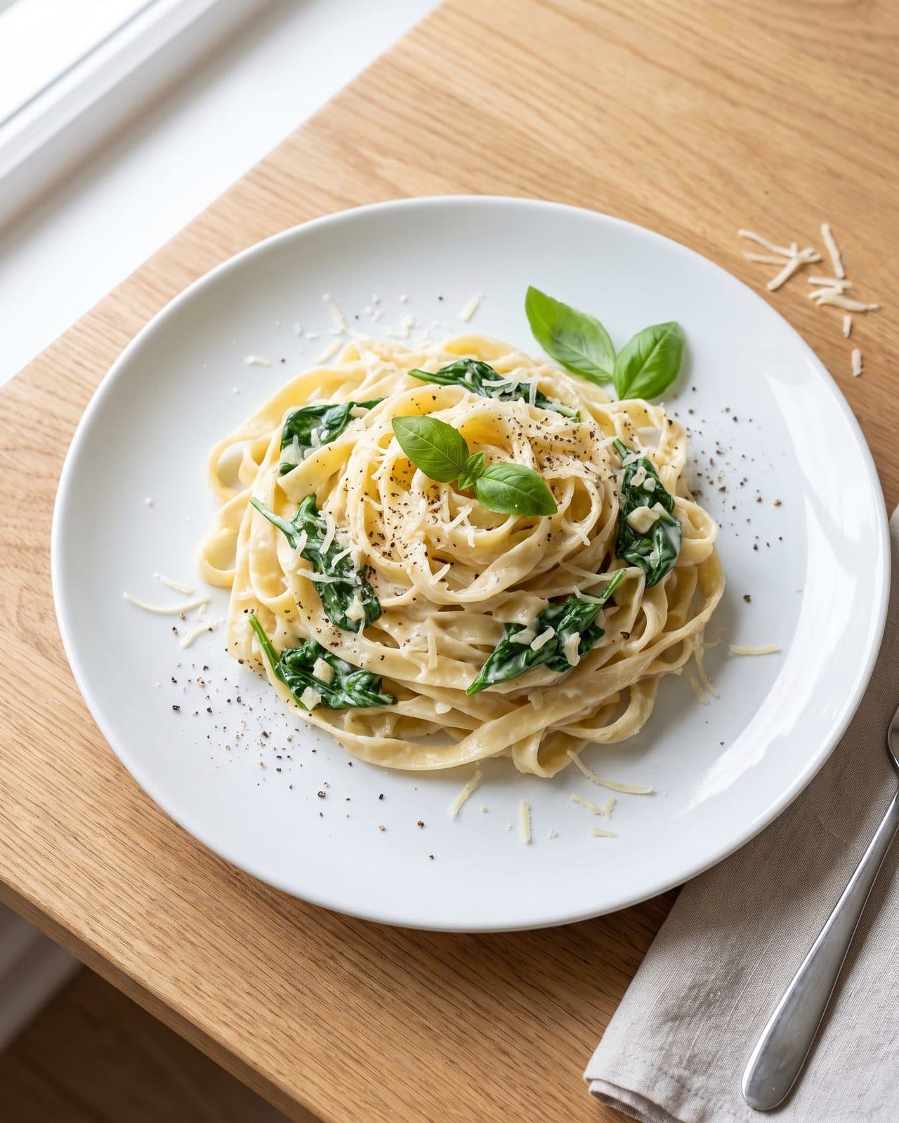 Rjómalagað pasta með hvítlauk og spínati
