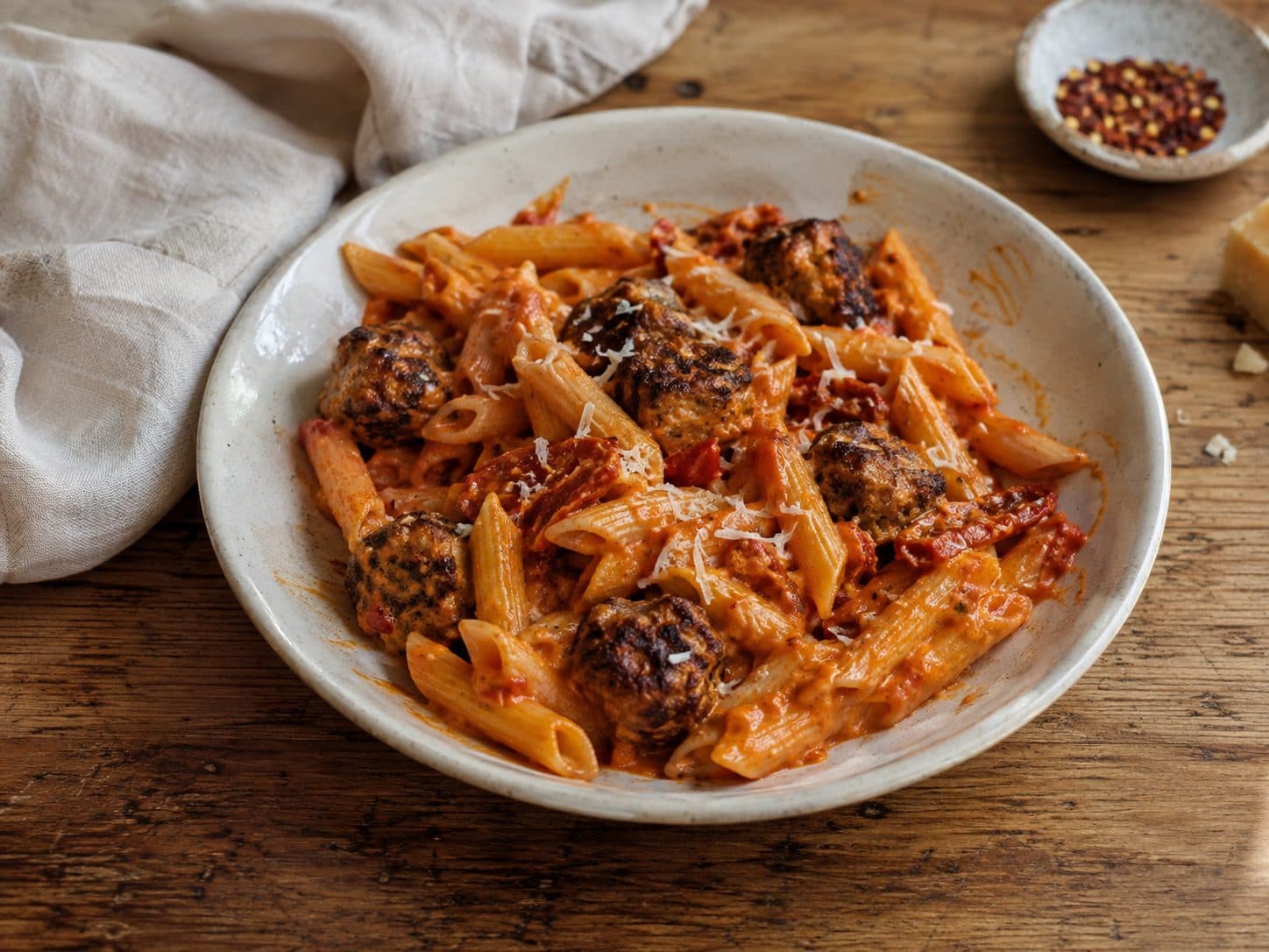 Beikonbollupasta í parmesan- og tómatsósu